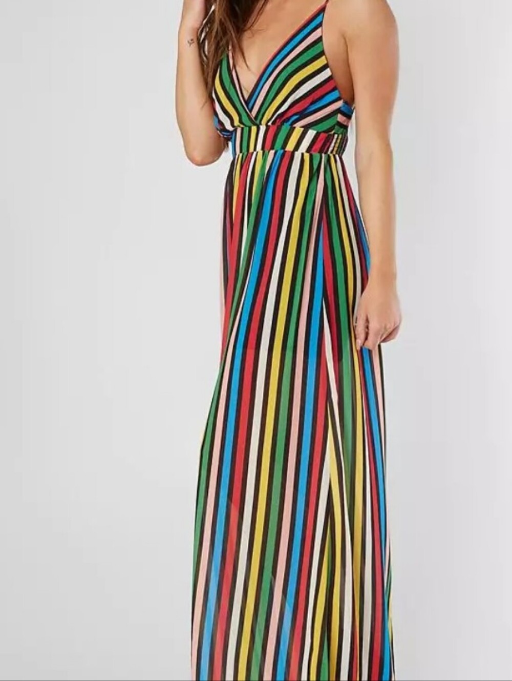 Flying Tomato Striped Chiffon Maxi Multi-Color Striped V-Neck Maxi Dress Small